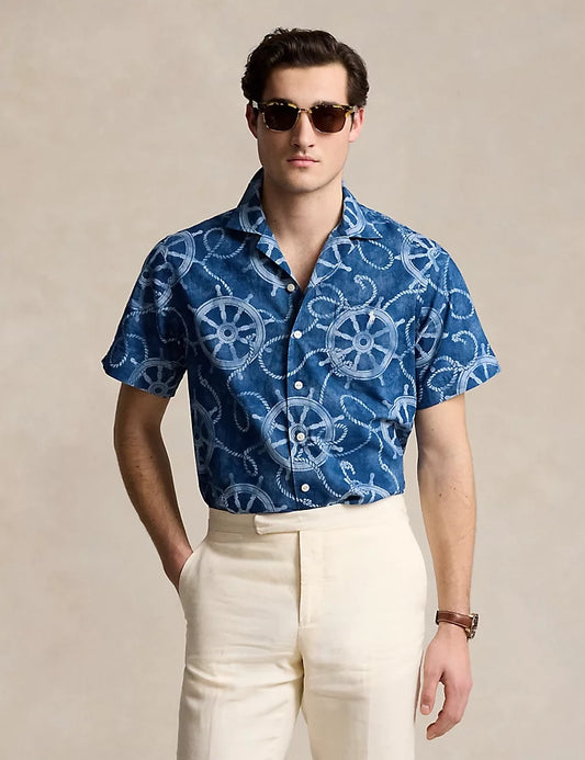 Classic Fit Cotton Linen Camp Shirt Ropes & Ship Wheel