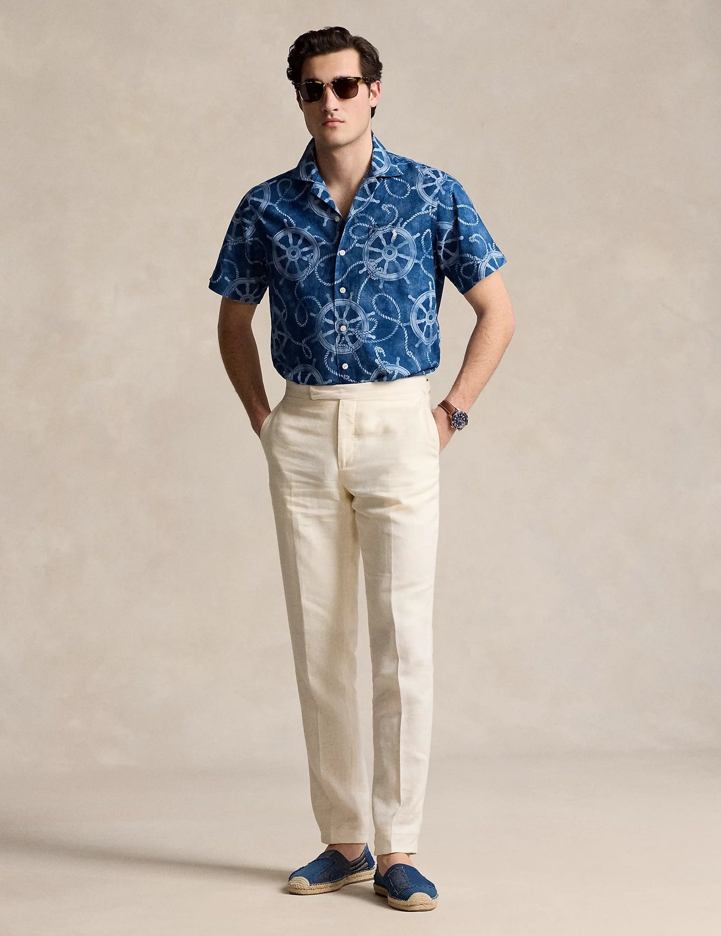 Classic Fit Cotton Linen Camp Shirt Ropes & Ship Wheel