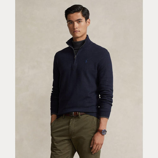 Mesh-Knit Cotton Quarter Zip Jumper Navy