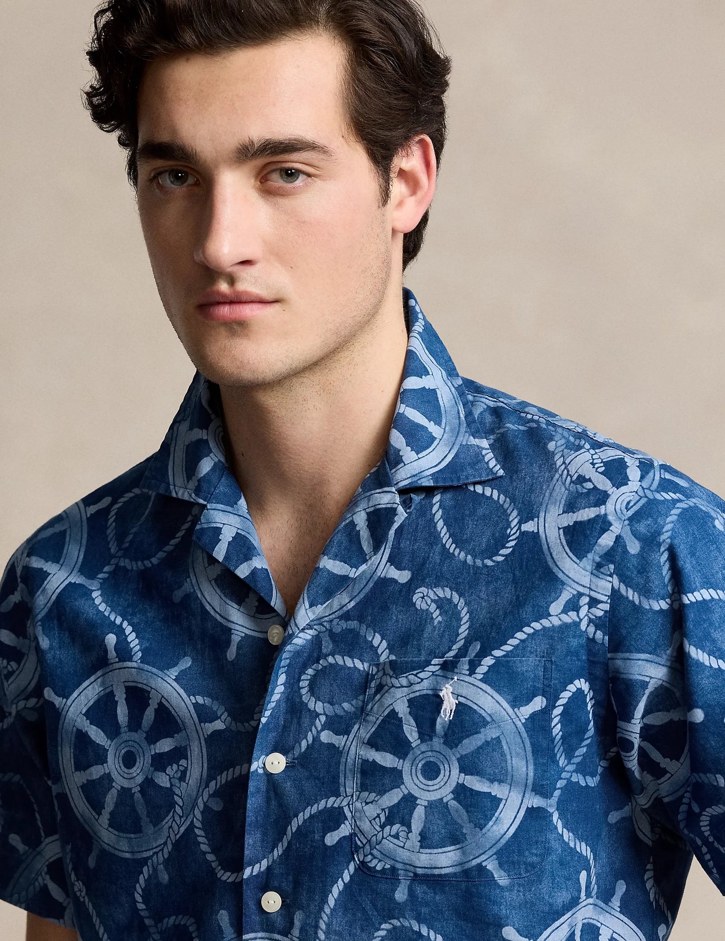 Classic Fit Cotton Linen Camp Shirt Ropes & Ship Wheel