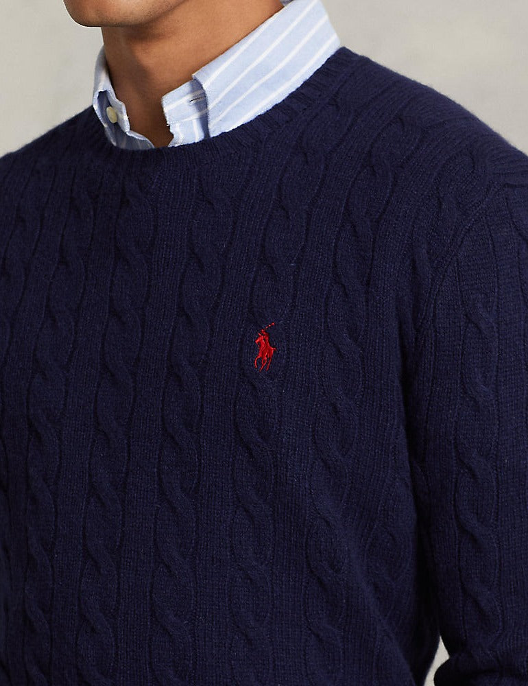 CABLE-KNIT WOOL-CASHMERE SWEATER BLUE