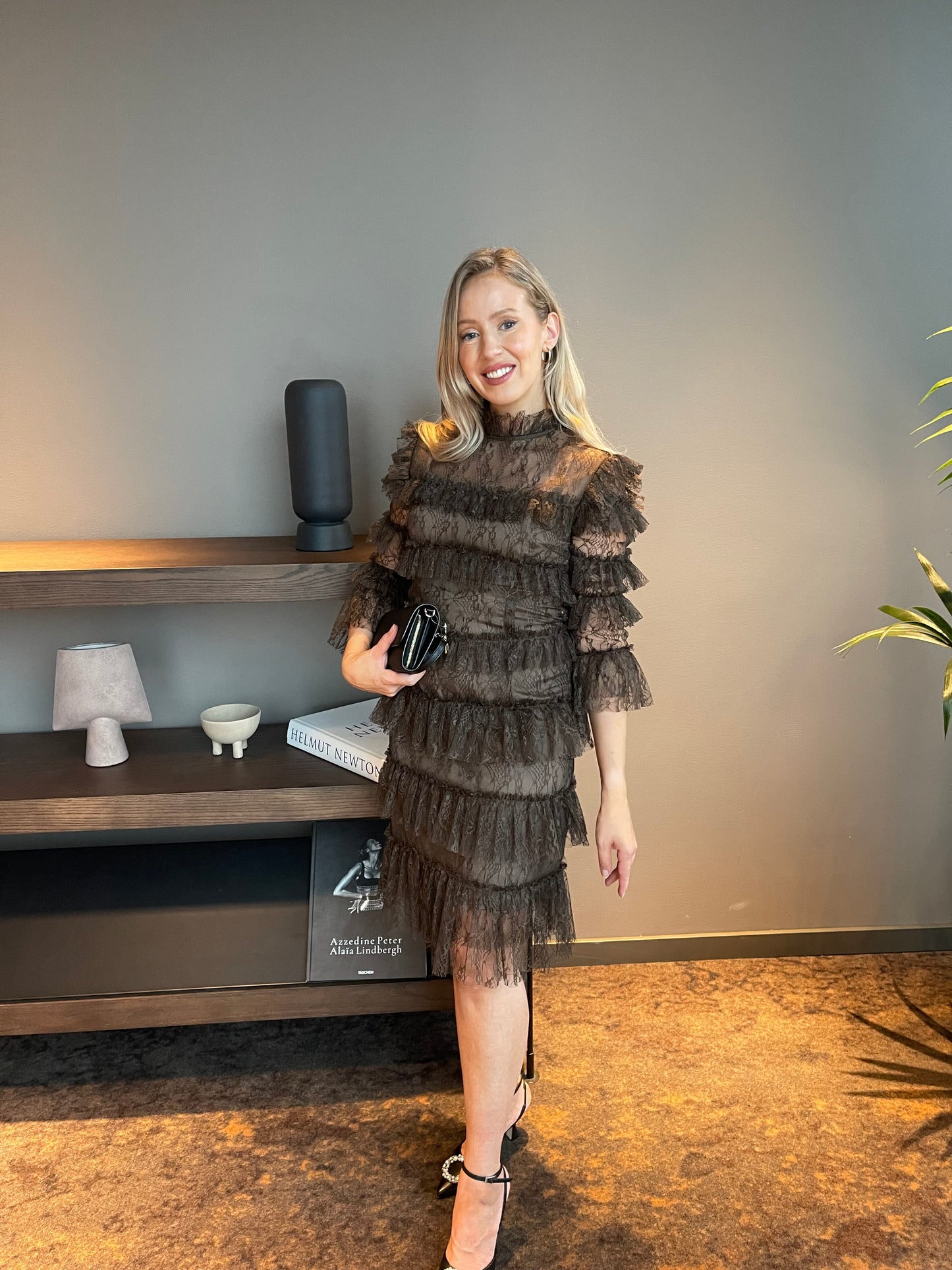 Carmine frill mini lace dress