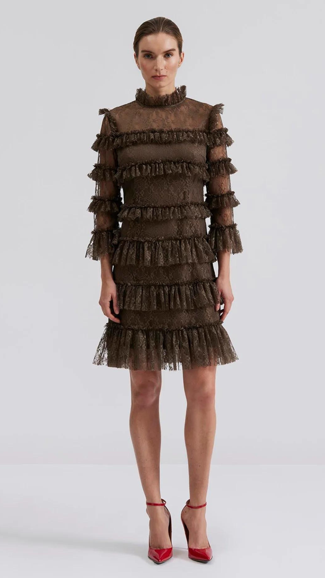 Carmine frill mini lace dress