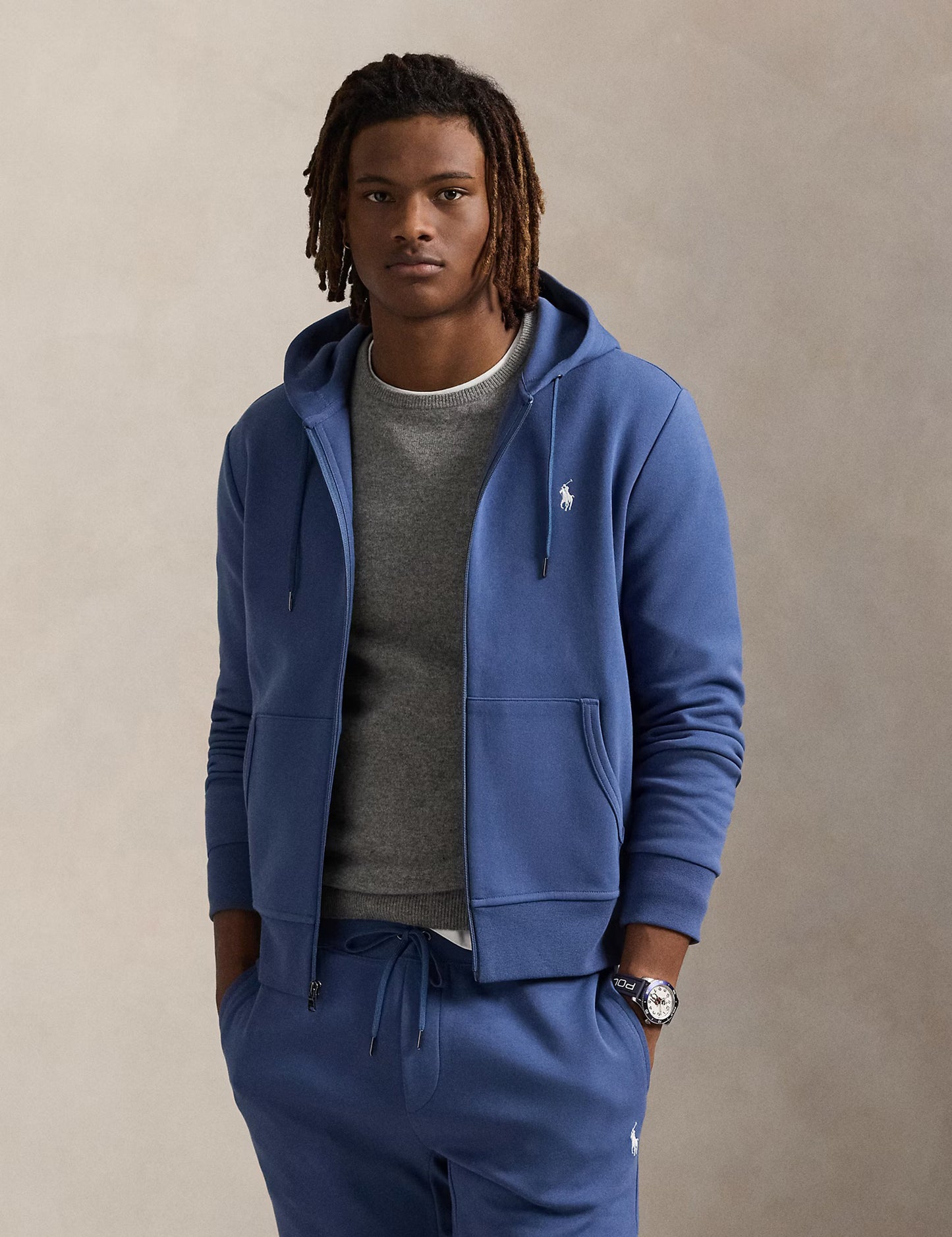 DOUBLE-KNIT FULL-ZIP HOODIE EARTH BLUE
