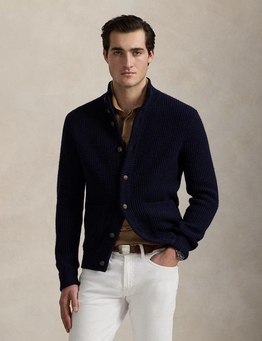 WAFFLE-KNIT WOOL-COTTON CARDIGAN HUNTER NAVY