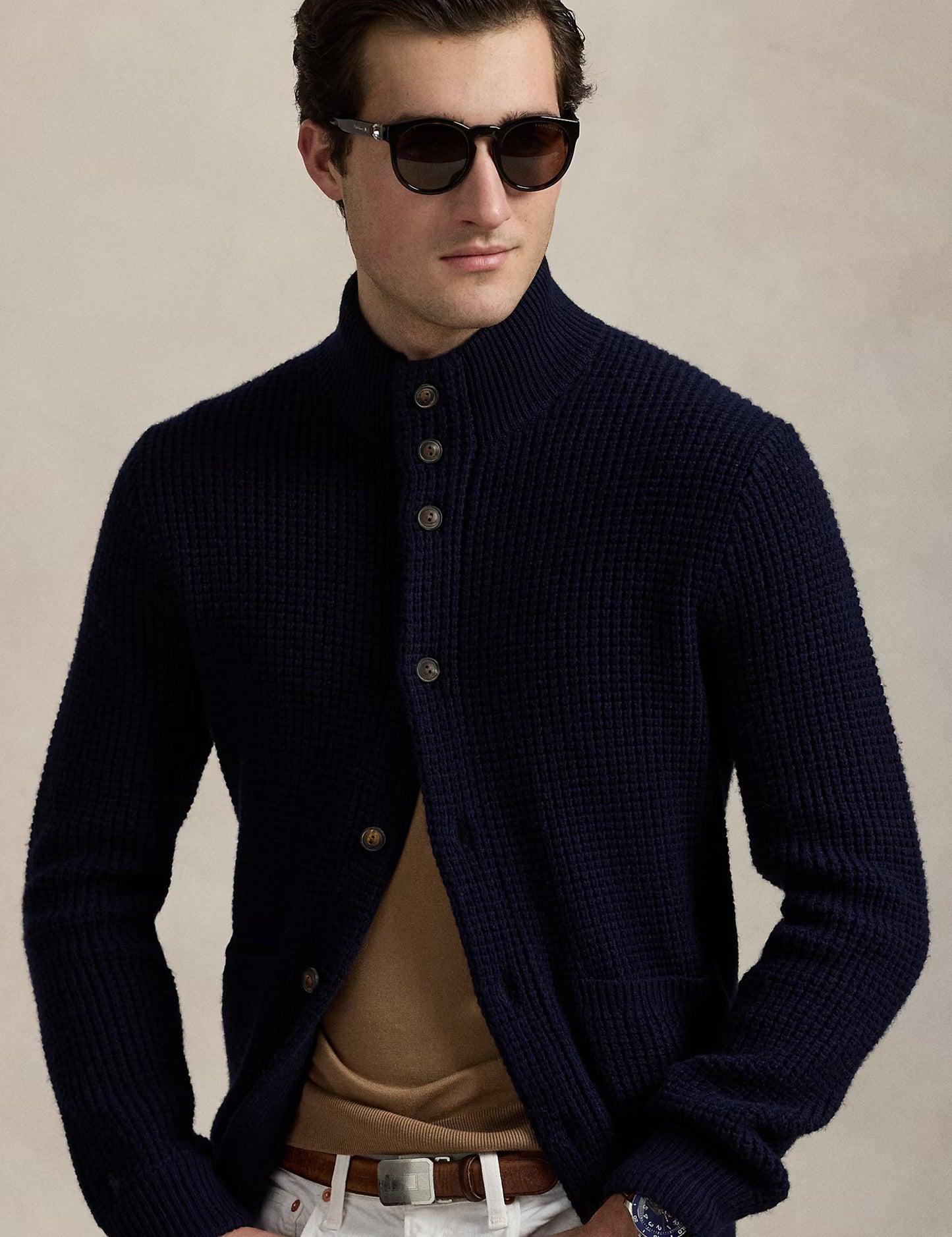 WAFFLE-KNIT WOOL-COTTON CARDIGAN HUNTER NAVY