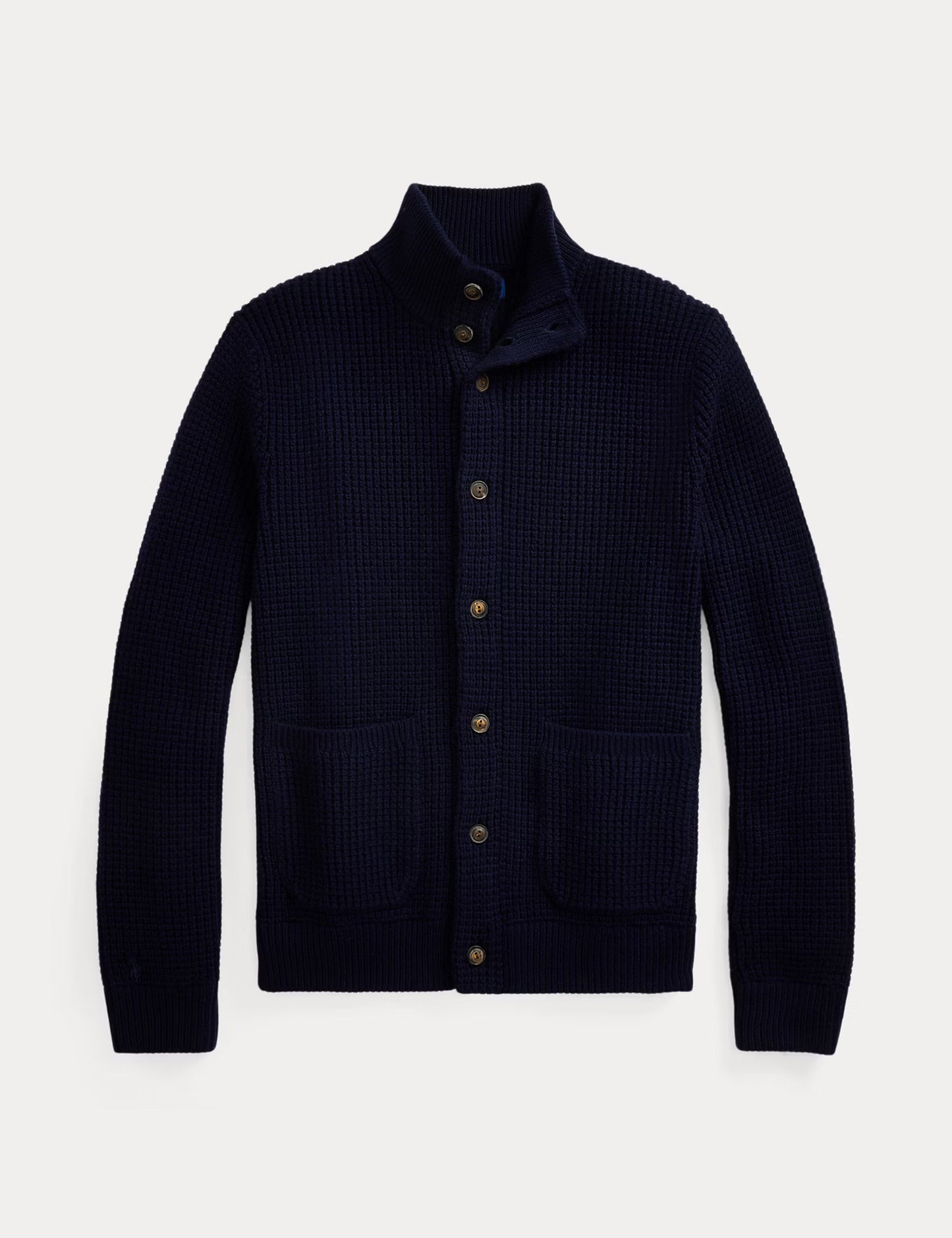 WAFFLE-KNIT WOOL-COTTON CARDIGAN HUNTER NAVY