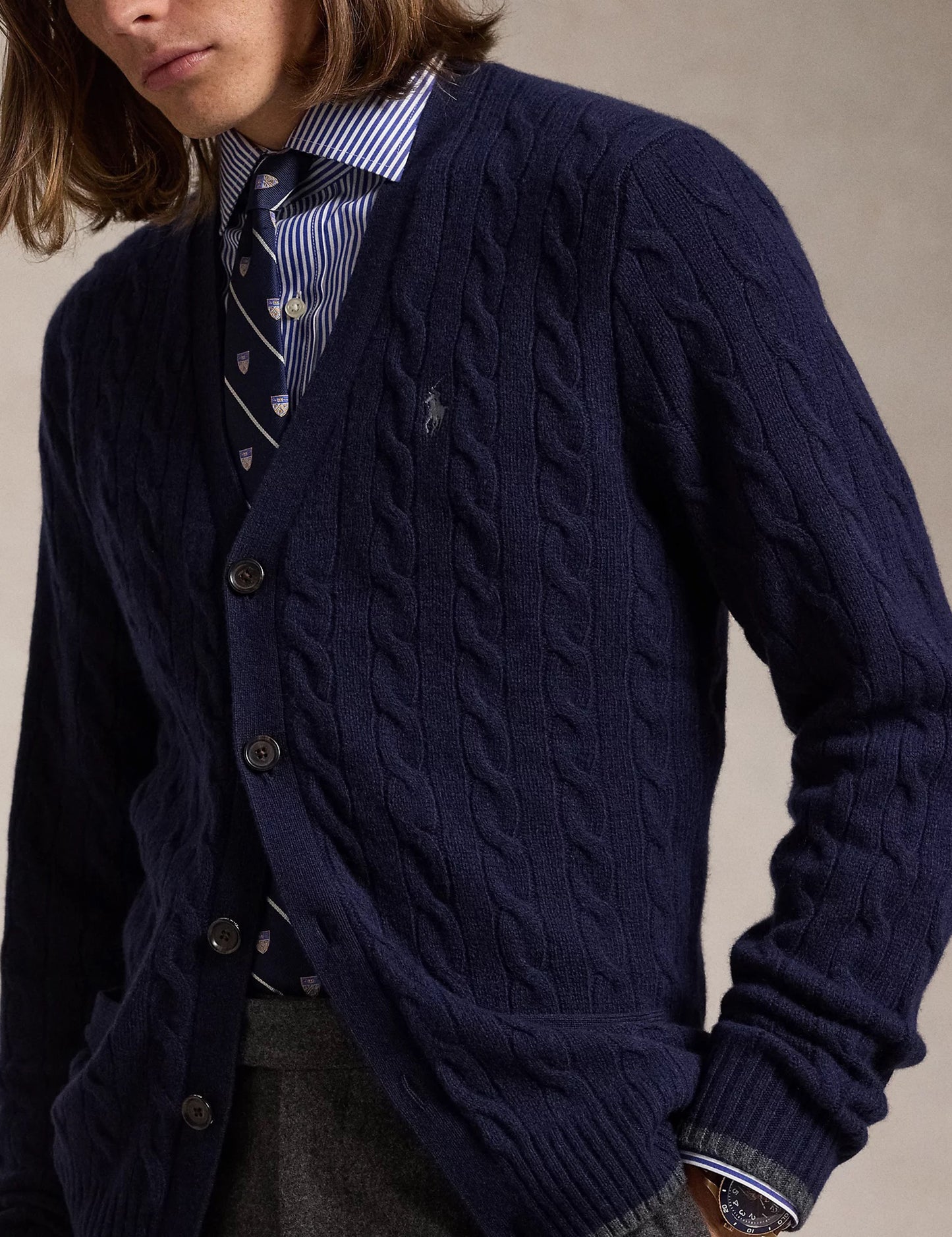 Cable-Knit Wool-Cashmere Cardigan Blue