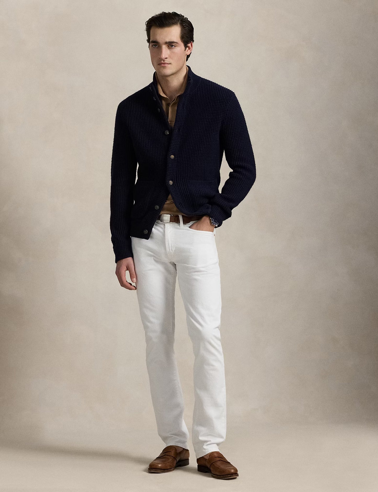 WAFFLE-KNIT WOOL-COTTON CARDIGAN HUNTER NAVY