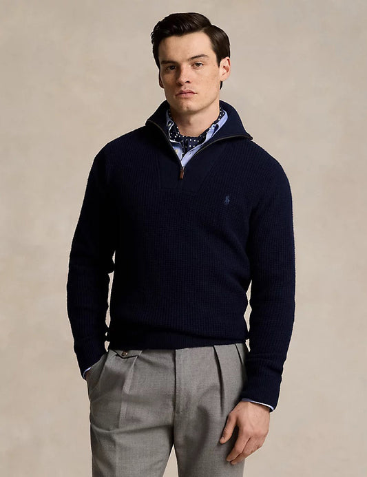 Waffle Wool Cotton Quarter Zip Jumper Hunter Navy