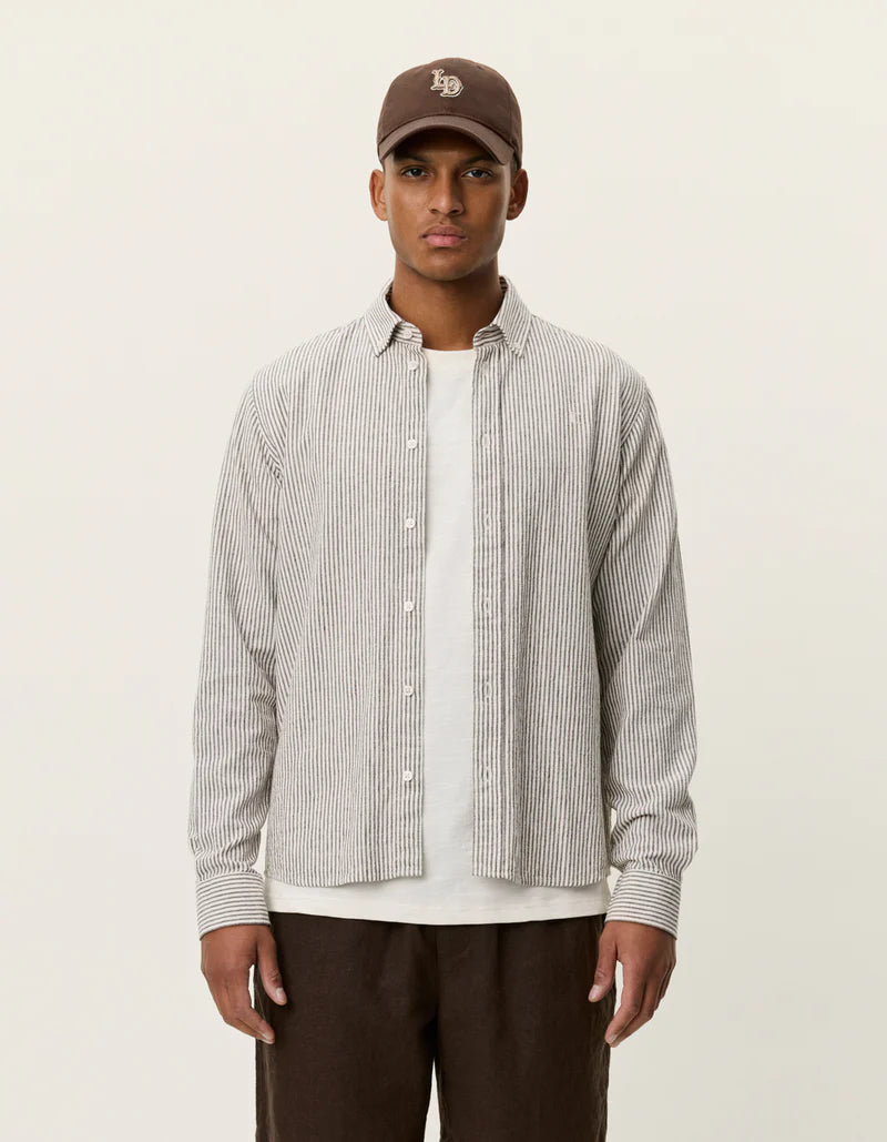 KONRAD STRIPE COTTON LINEN SHIRT BROWN