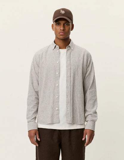 KONRAD STRIPE COTTON LINEN SHIRT BROWN