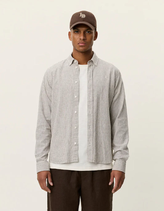 KONRAD STRIPE COTTON LINEN SHIRT BROWN