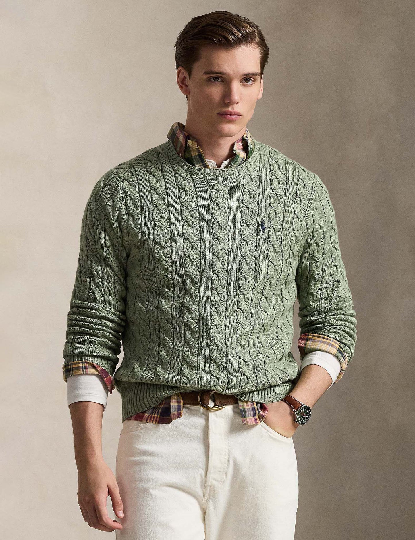 CABLE-KNIT COTTON JUMPER FERN GREEN HEATHER