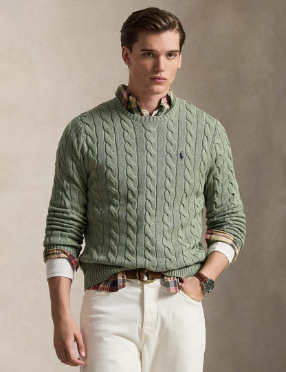 CABLE-KNIT COTTON JUMPER FERN GREEN HEATHER