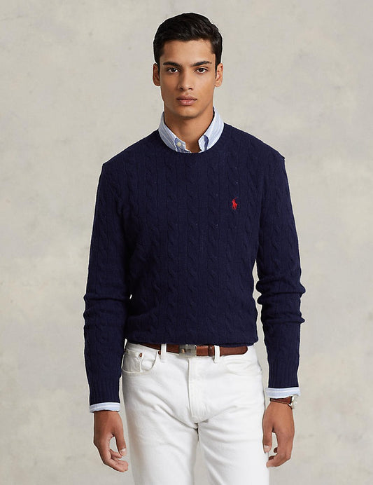 CABLE-KNIT WOOL-CASHMERE SWEATER BLUE