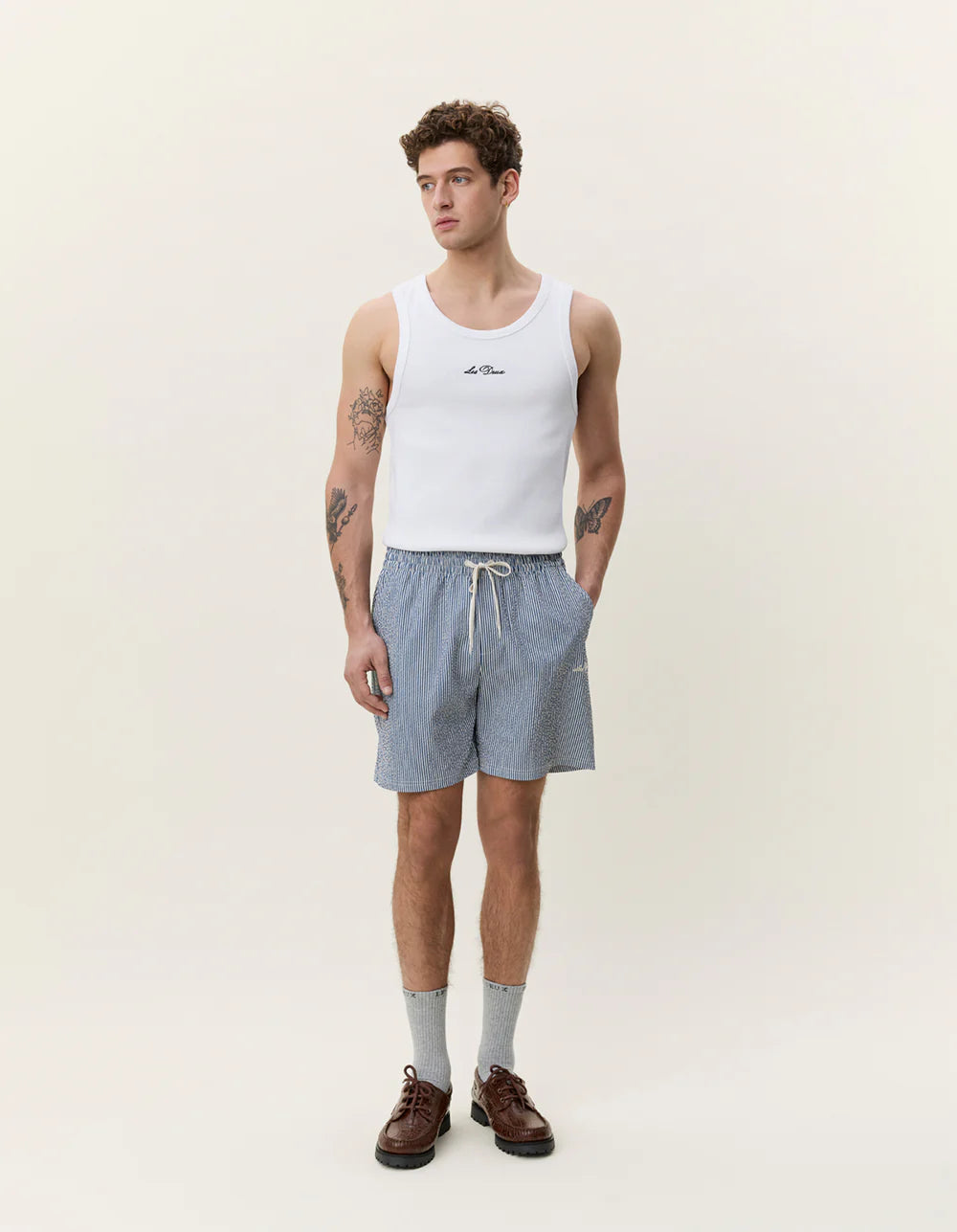 STRIPE SEERSUCKER SWIM SHORTS BLUE