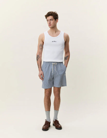 STRIPE SEERSUCKER SWIM SHORTS BLUE