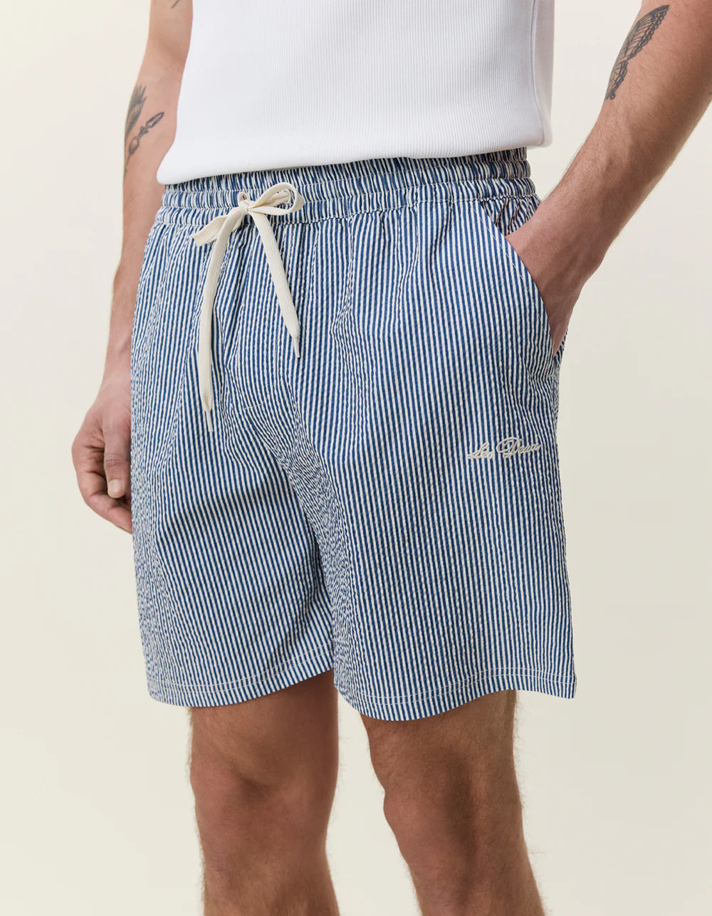 STRIPE SEERSUCKER SWIM SHORTS BLUE