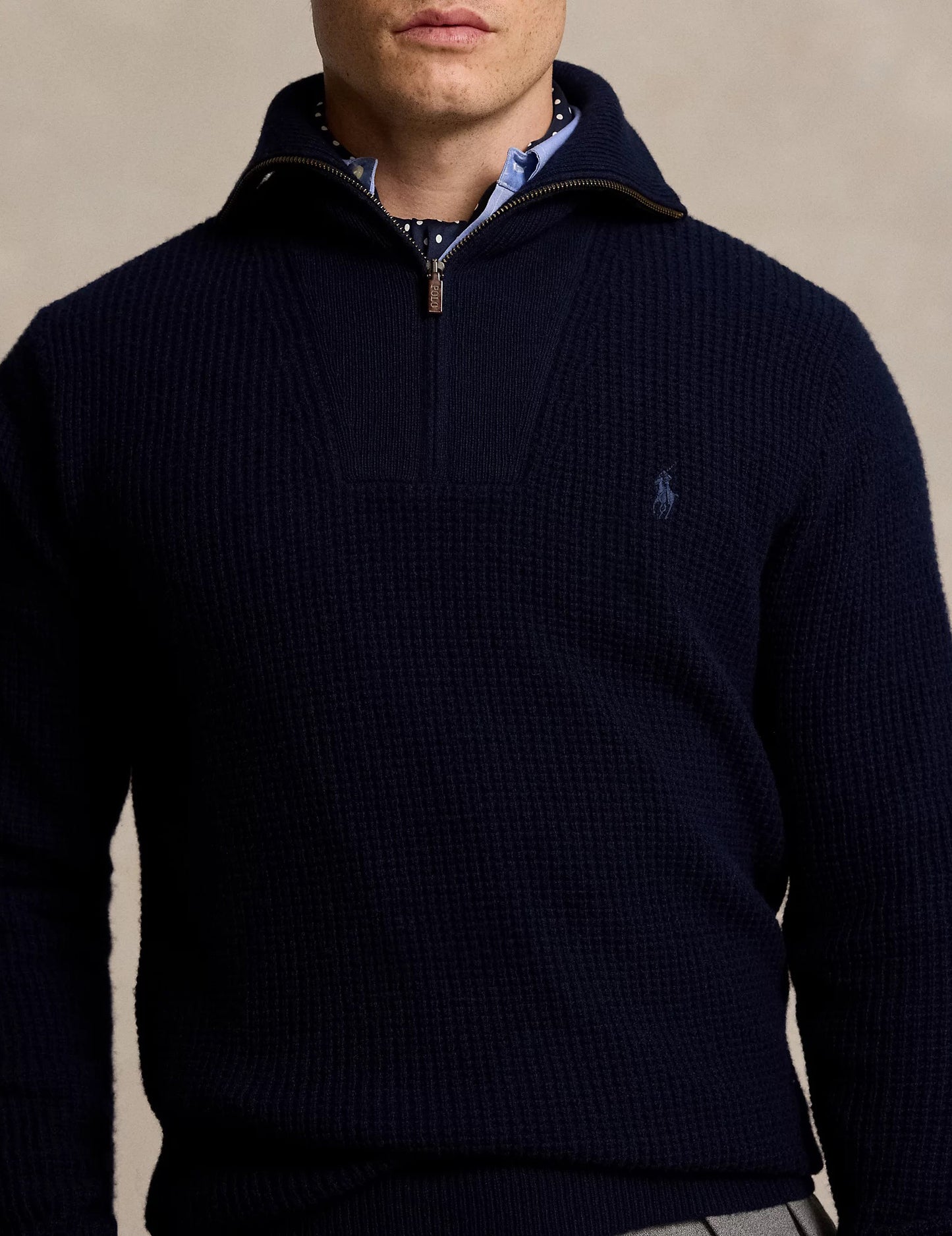 Waffle Wool Cotton Quarter Zip Jumper Hunter Navy