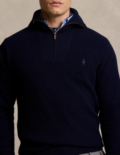 Waffle Wool Cotton Quarter Zip Jumper Hunter Navy