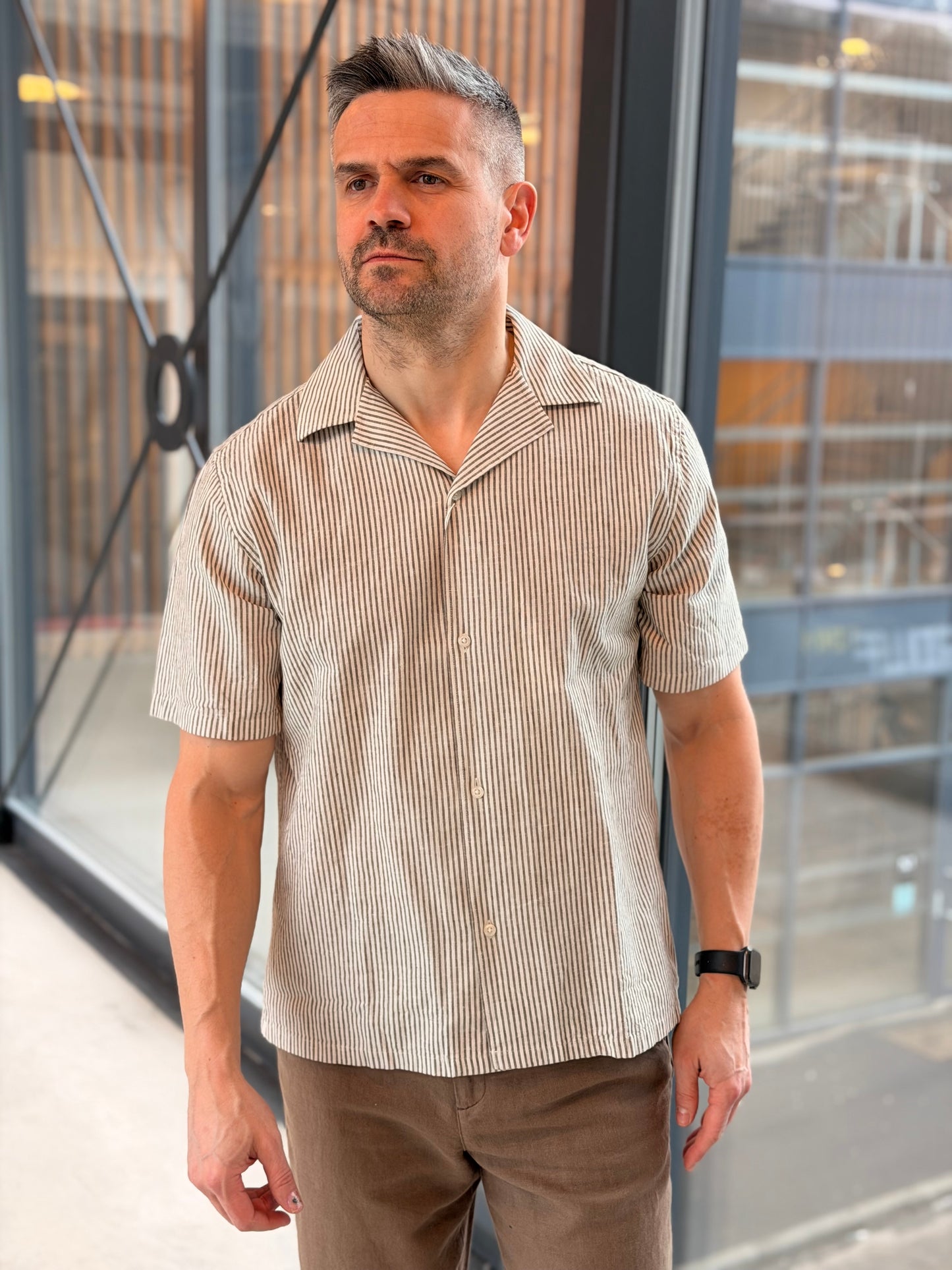 LUKAS STRIPE COTTON LINEN SS SHIRT BROWN