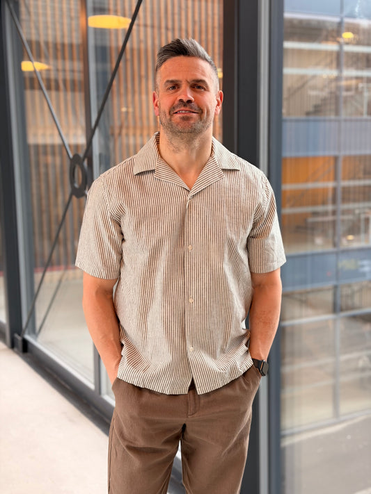 LUKAS STRIPE COTTON LINEN SS SHIRT BROWN