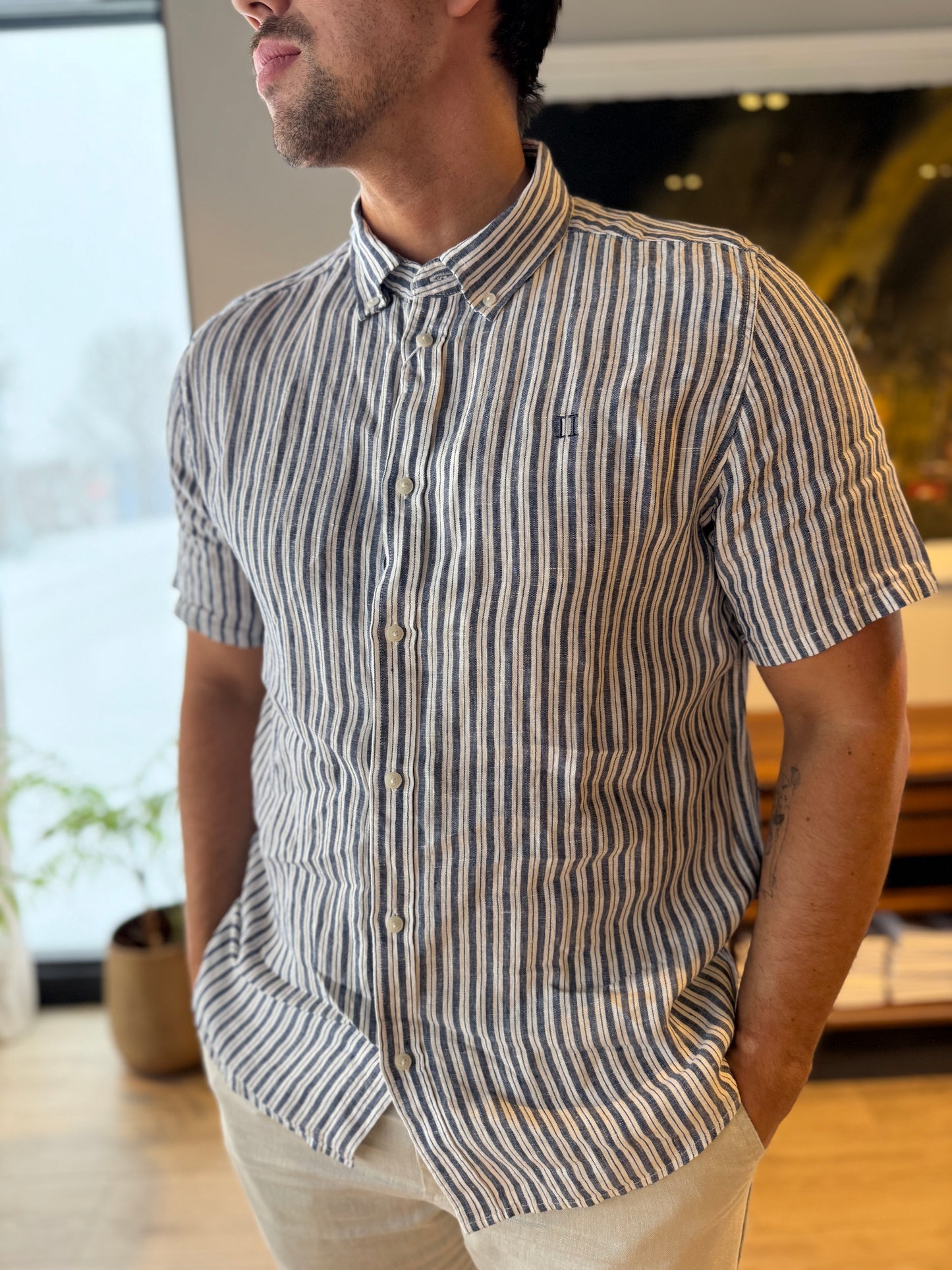 KRIS LINEN SS SHIRT LIGHT IVORY/BLUEPRINT