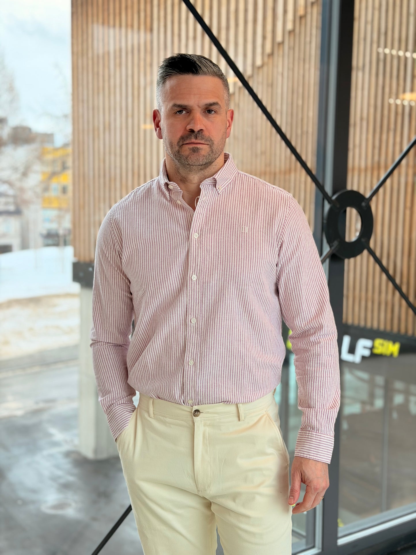 KONRAD STRIPE COTTON LINEN SHIRT PINK