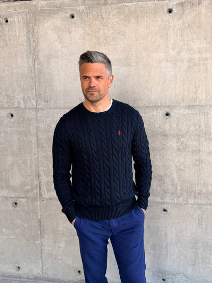 CABLE-KNIT COTTON JUMPER SWEATER NAVY BLUE