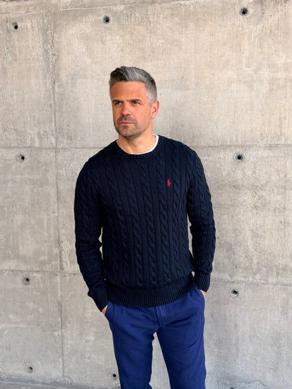 CABLE-KNIT COTTON JUMPER SWEATER NAVY BLUE