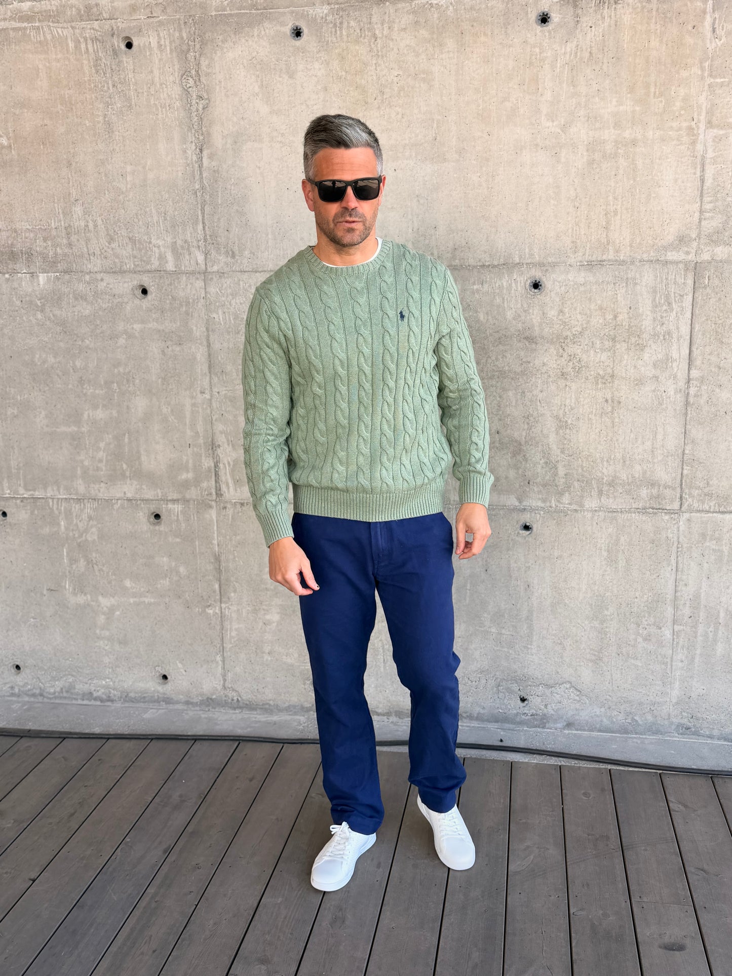 CABLE-KNIT COTTON JUMPER FERN GREEN HEATHER
