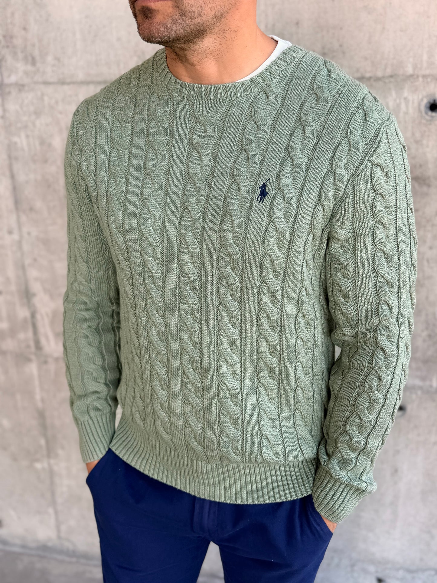 CABLE-KNIT COTTON JUMPER FERN GREEN HEATHER