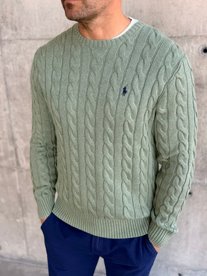 CABLE-KNIT COTTON JUMPER FERN GREEN HEATHER