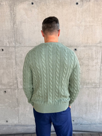 CABLE-KNIT COTTON JUMPER FERN GREEN HEATHER