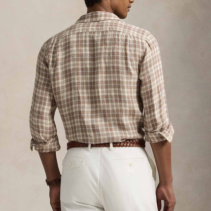 CLASSIC FIT PLAID LINEN SHIRT BROWN