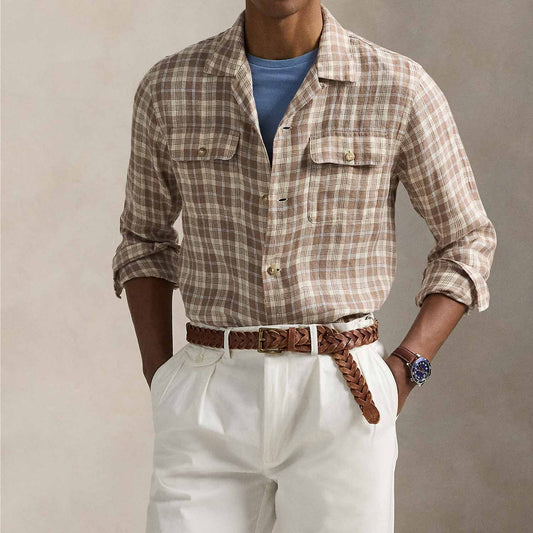 CLASSIC FIT PLAID LINEN SHIRT BROWN