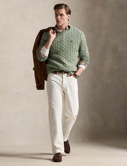 CABLE-KNIT COTTON JUMPER FERN GREEN HEATHER