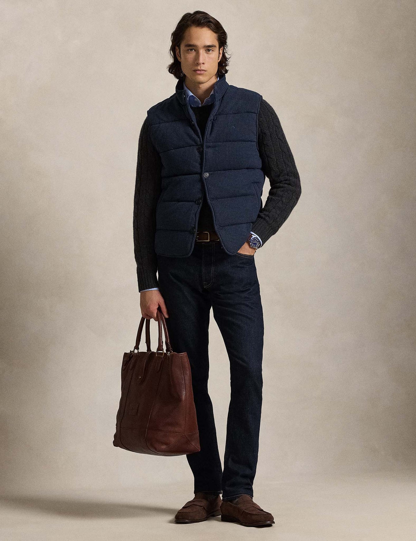 HOUNDSTOOTH-PRINT ESTATE-RIB VEST BLUE