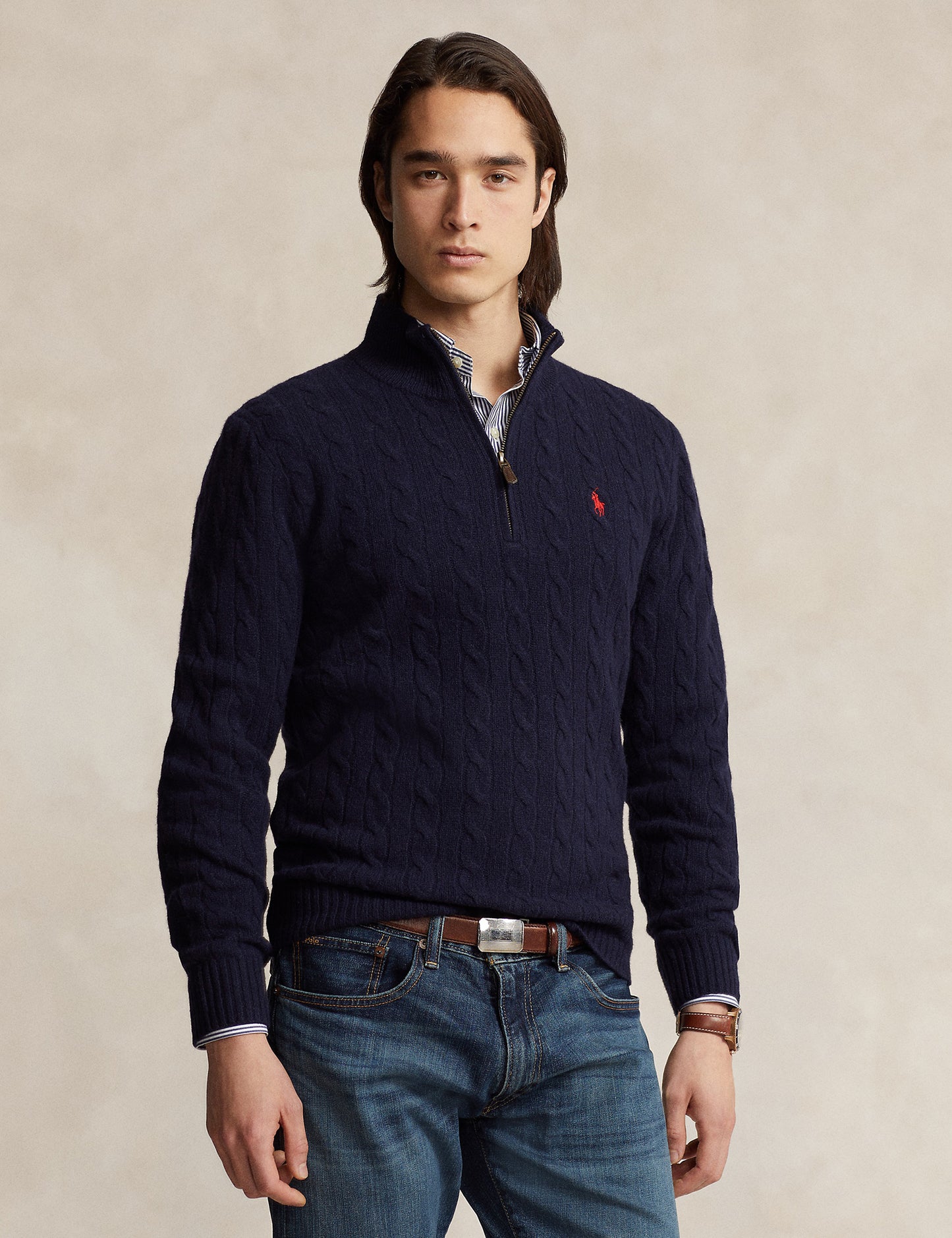 CABLE-KNIT WOOL-CASHMERE PULLOVER NAVY