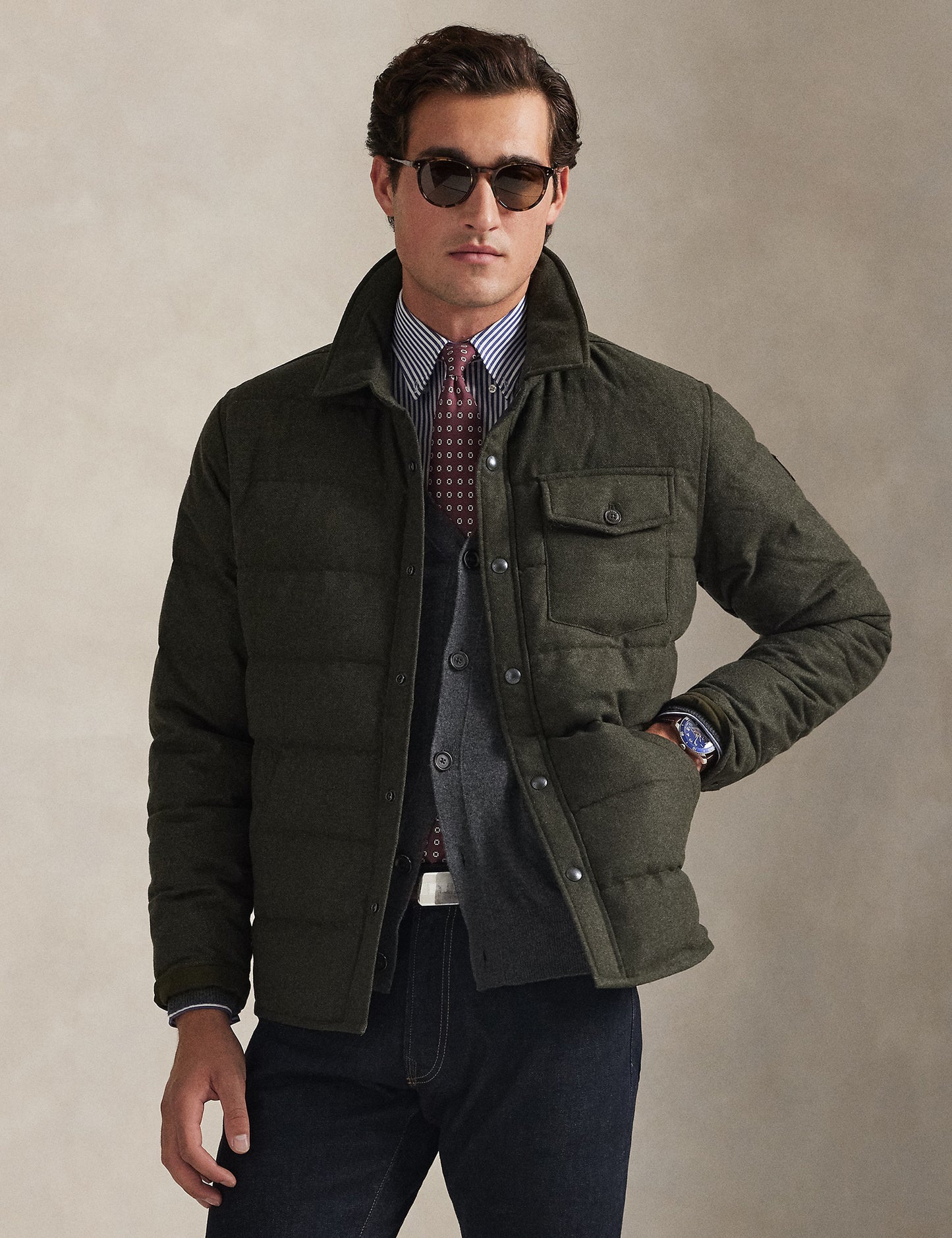 HERRINGBONE DOWN SHIRT JACKET DEEP LODEN