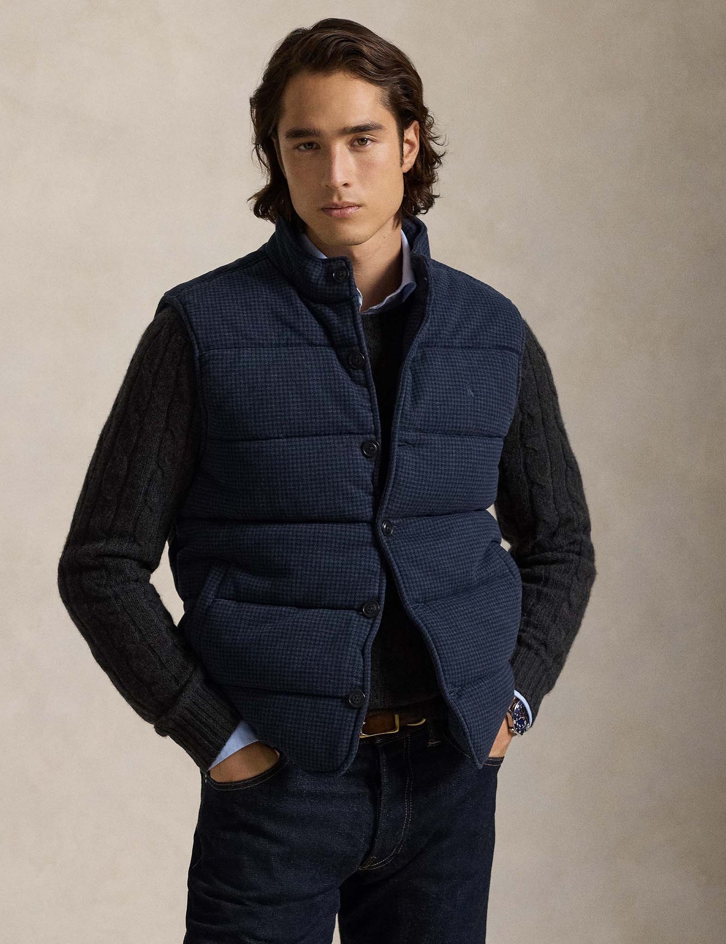 HOUNDSTOOTH-PRINT ESTATE-RIB VEST BLUE