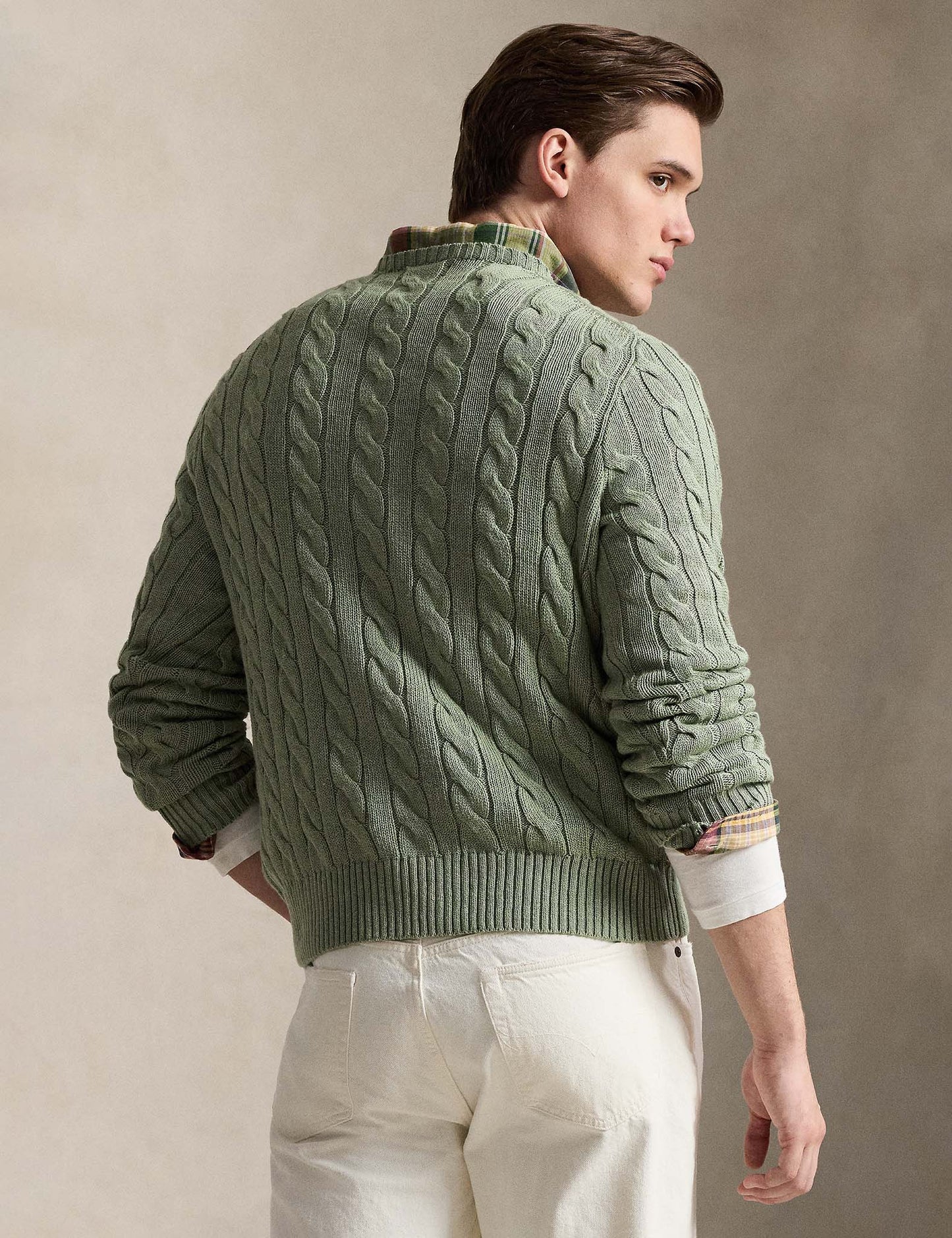 CABLE-KNIT COTTON JUMPER FERN GREEN HEATHER