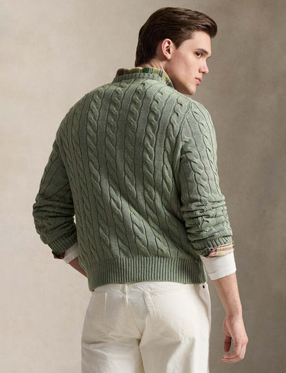 CABLE-KNIT COTTON JUMPER FERN GREEN HEATHER