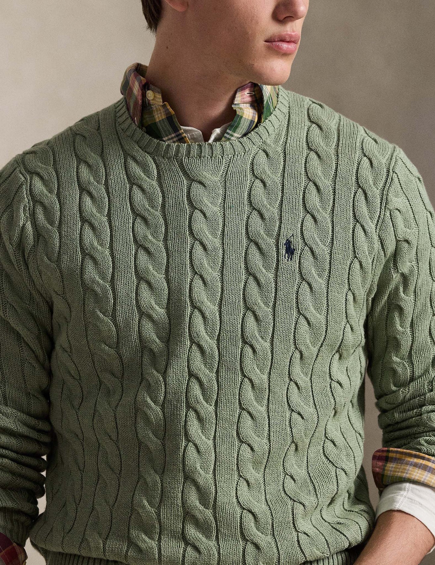 CABLE-KNIT COTTON JUMPER FERN GREEN HEATHER