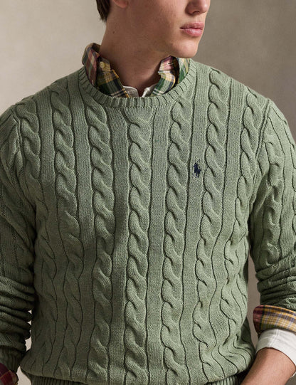 CABLE-KNIT COTTON JUMPER FERN GREEN HEATHER