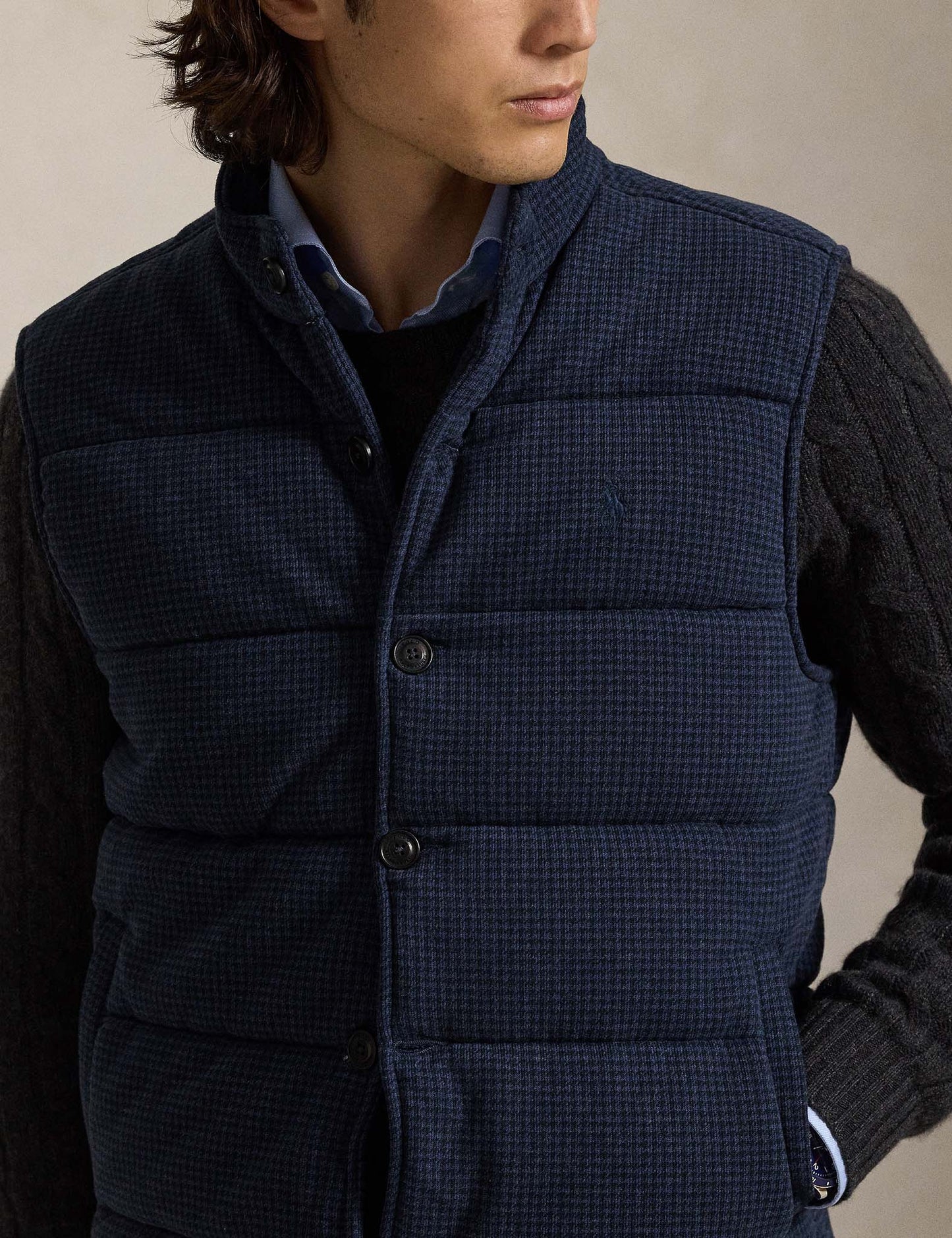 HOUNDSTOOTH-PRINT ESTATE-RIB VEST BLUE