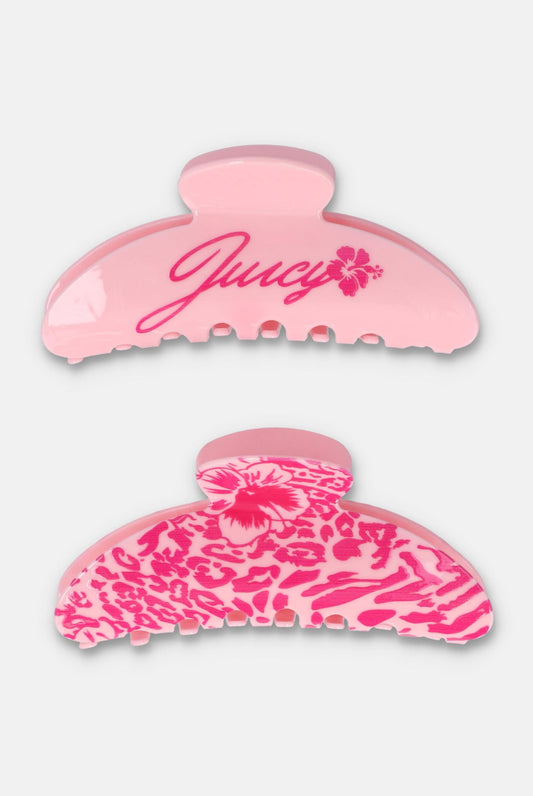 2 PACK MEDIUM CLAW CLIP WITH JUICY BRANDING AND ALL OVER PRINT IN PINK