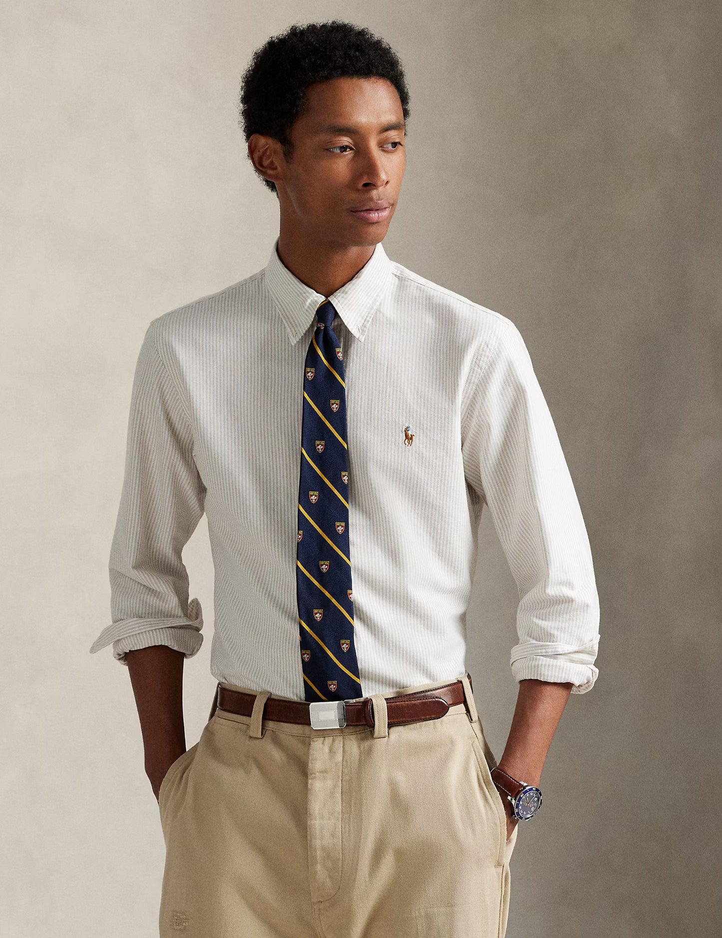 CUSTOM FIT STRIPED OXFORD SHIRT COSTAL BEIGE/WHITE