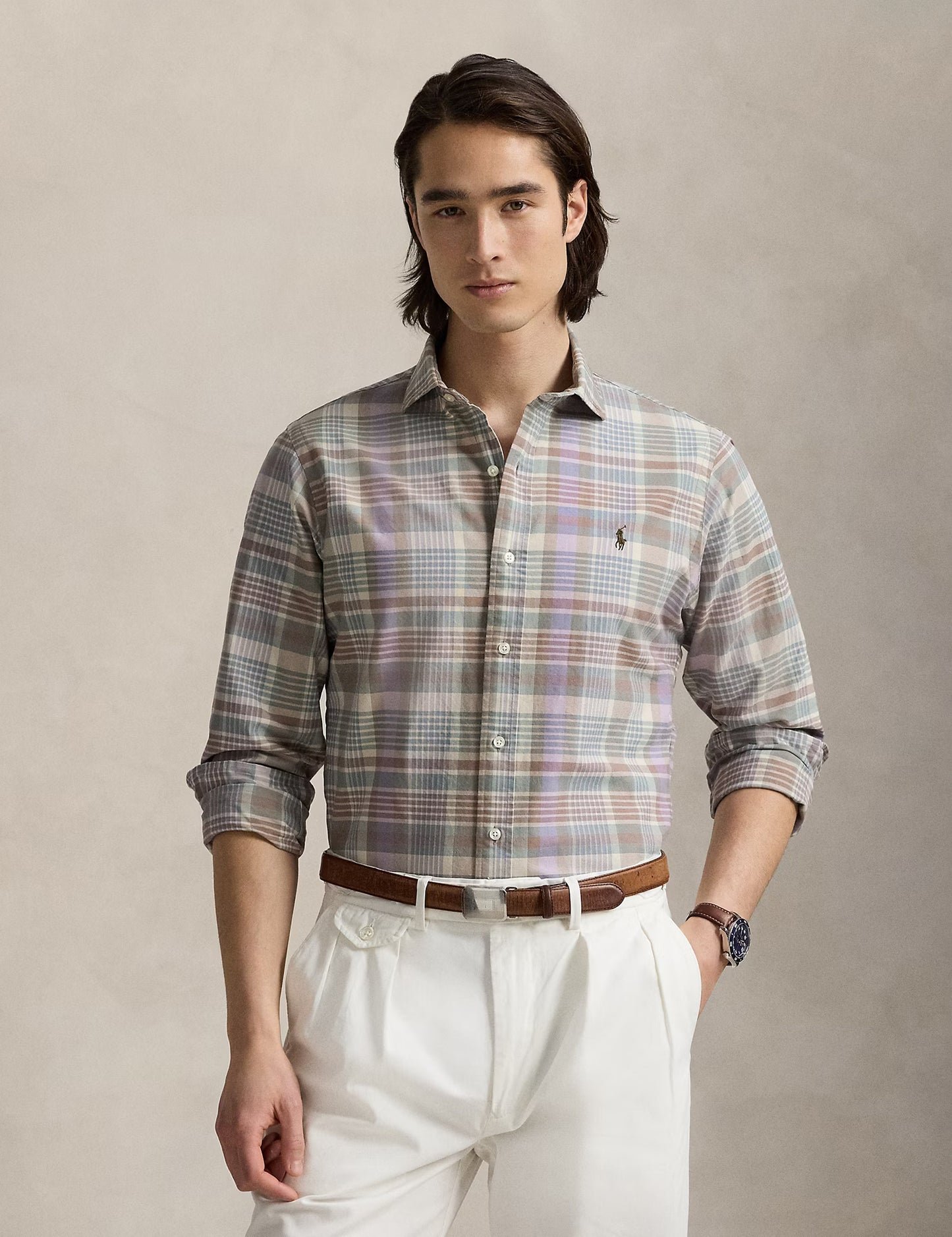 CUSTOM FIT TATTERSALL OXFORD SHIRT KHAKI GREEN MULTI